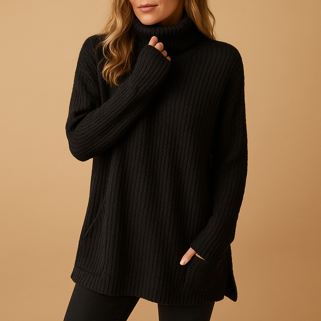 Women’s long knitted sweater with carbon-inspired print, perfect for autumn and winter layering.