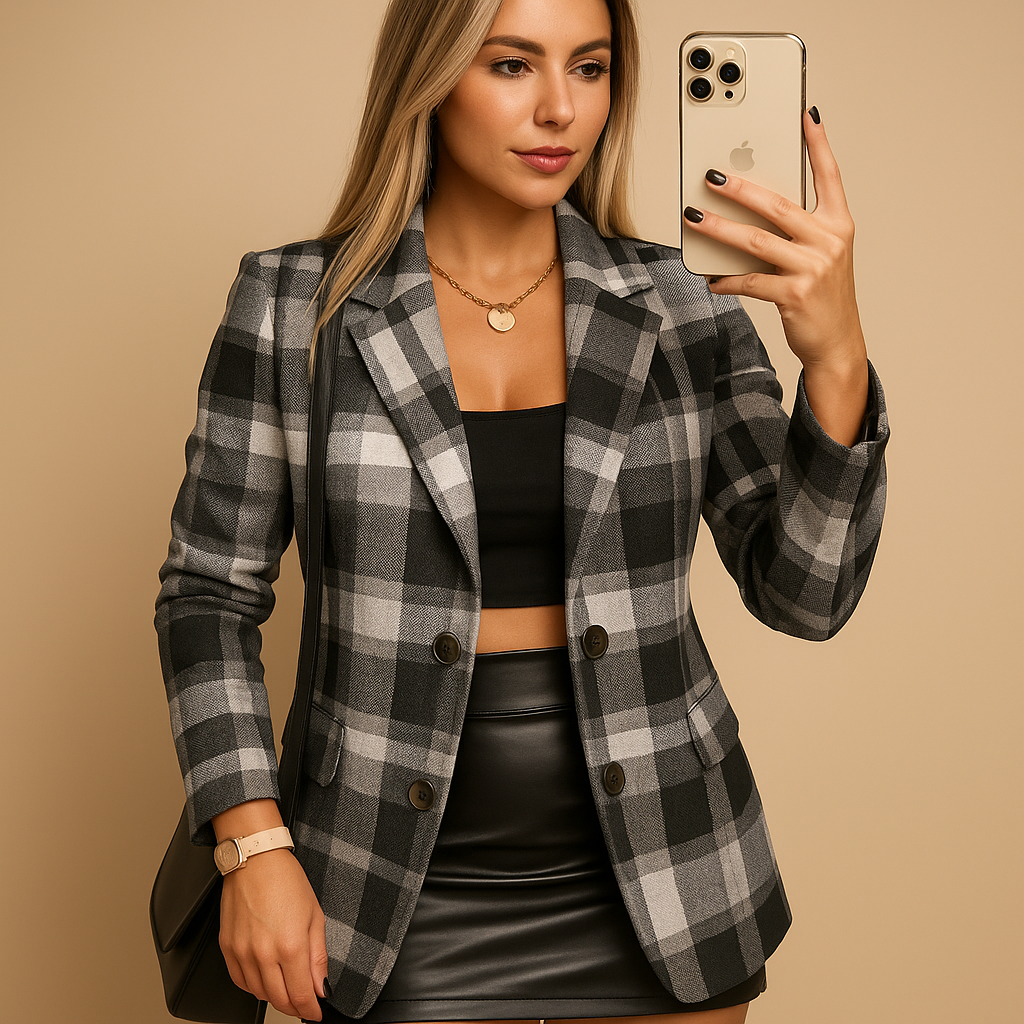 Long quilted plaid women’s blazer with button closure, offering warmth and style for winter outfits and everyday wear.