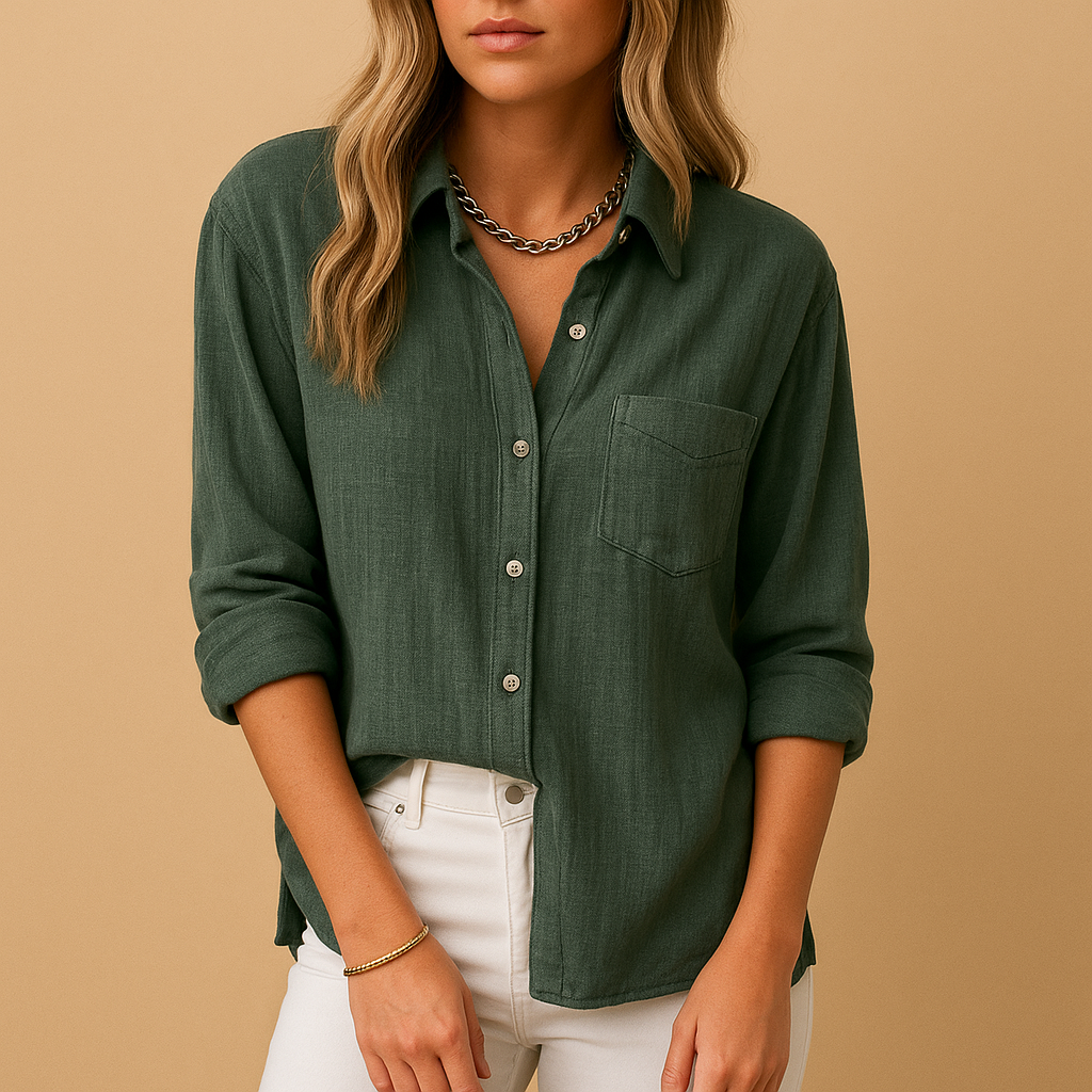 Women’s long sleeve blouse with shirt collar and chest pockets, styled for work, casual outfits, and everyday wear.