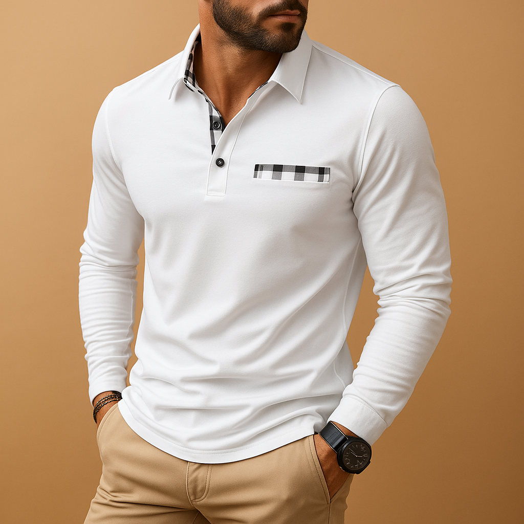 Men’s long sleeve polo shirt with collar and button closure, ideal for casual and business outfits in black, navy, grey, or white.
