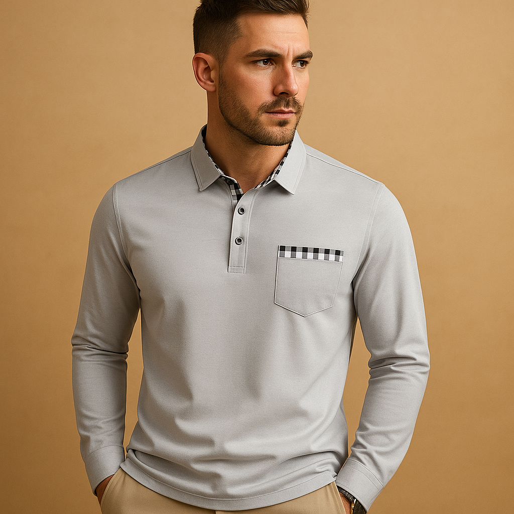 Men’s long sleeve polo shirt with collar and button closure, ideal for casual and business outfits in black, navy, grey, or white.