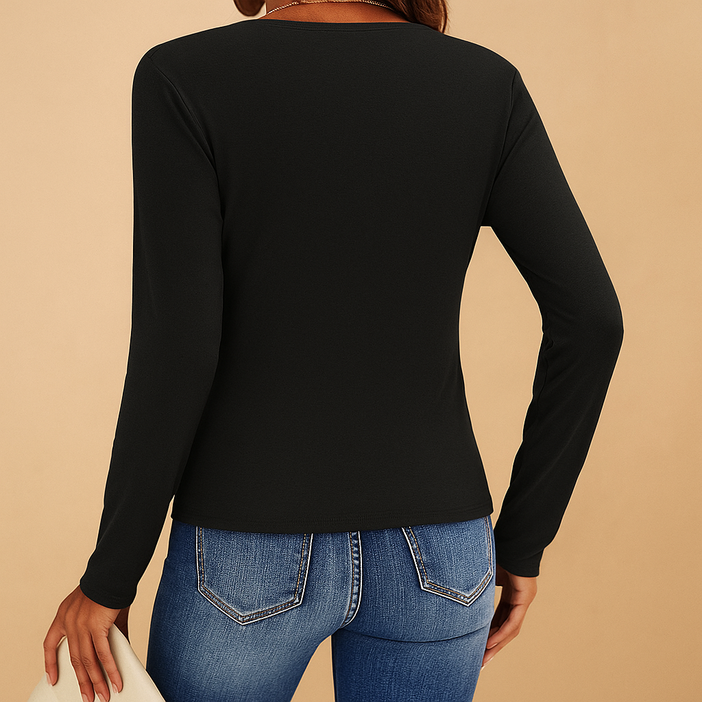 Long sleeve V-neck shirt for women with a relaxed classic fit, suitable for work, casual wear, and everyday outfits.