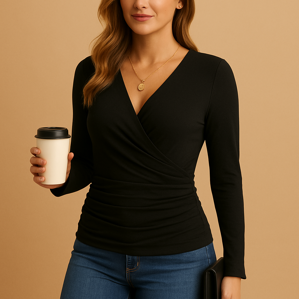 Long sleeve V-neck shirt for women with a relaxed classic fit, suitable for work, casual wear, and everyday outfits.