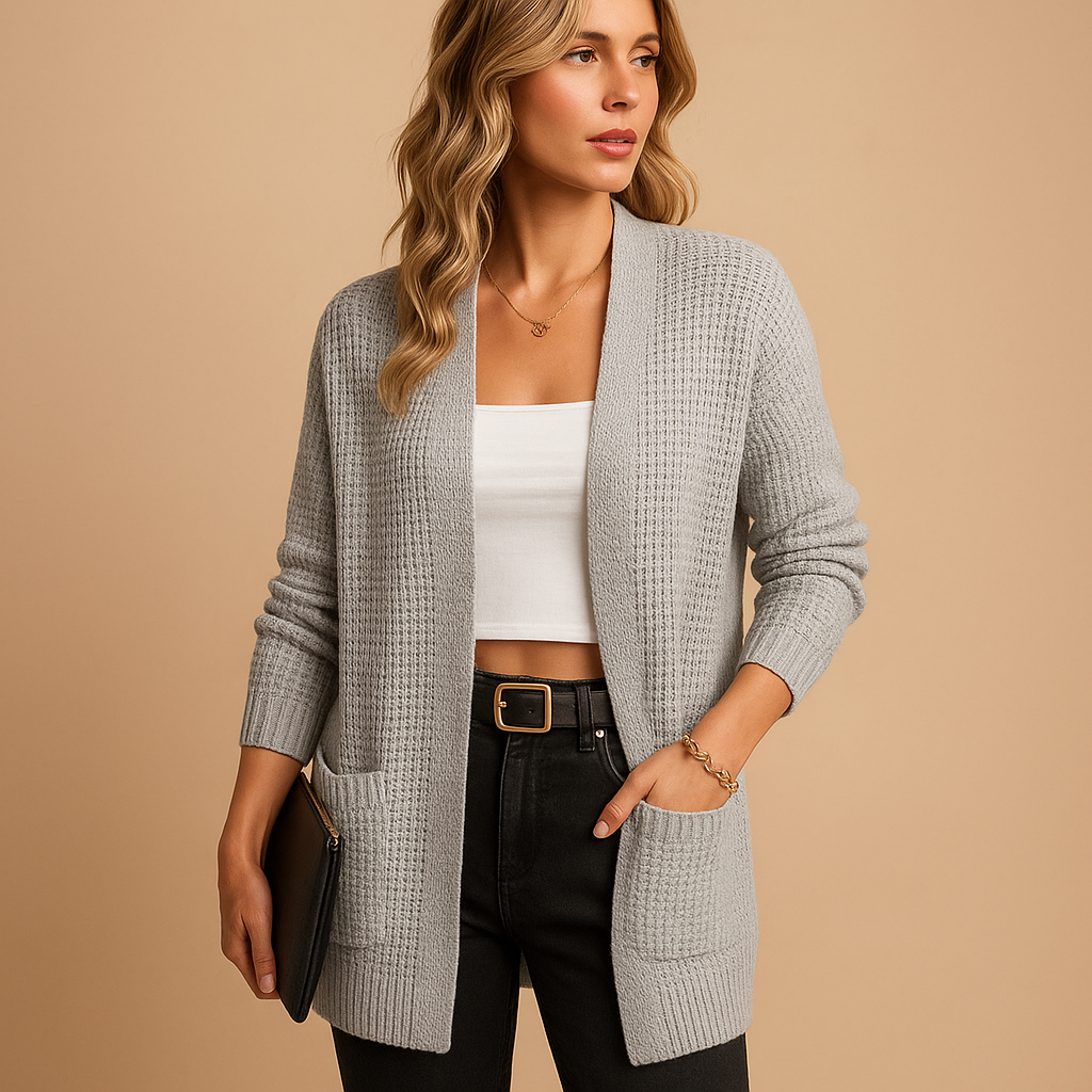Long v-neck cardigan for women with relaxed fit, soft breathable knit, and practical pockets. Perfect for layering in casual or office outfits.