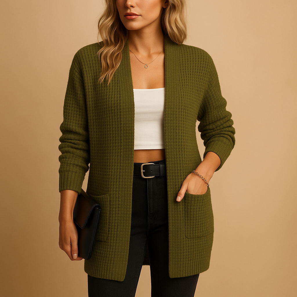 Long v-neck cardigan for women with relaxed fit, soft breathable knit, and practical pockets. Perfect for layering in casual or office outfits.