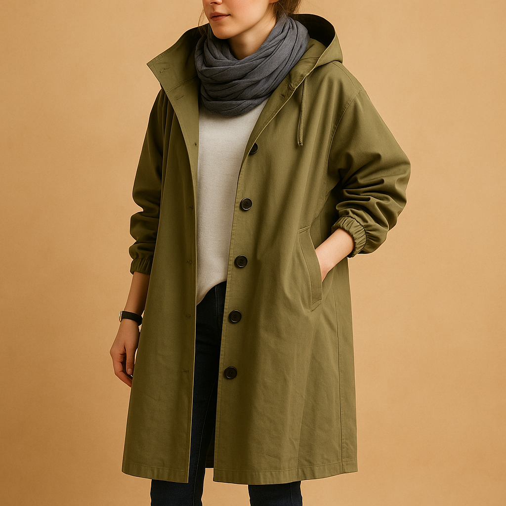 Women’s long waterproof raincoat with adjustable waist, breathable design, removable hood, and belt, suitable for daily wear and rainy conditions.