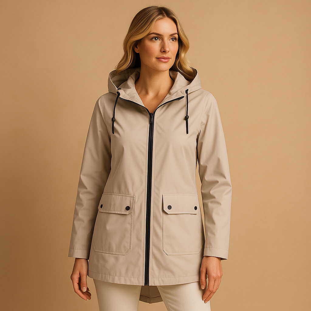 Women’s long waterproof raincoat with hood and breathable design, suitable for rainy days, commuting, and everyday outdoor wear.