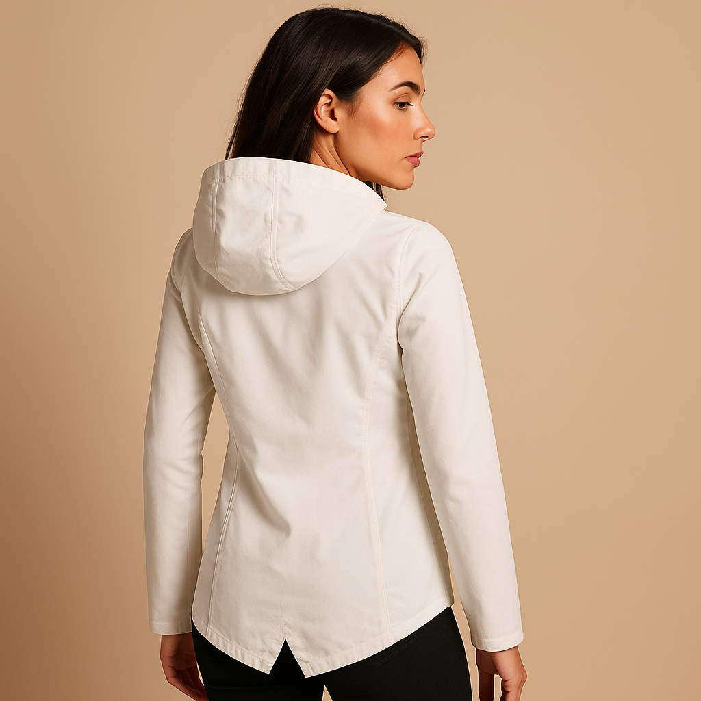 Women’s long waterproof raincoat with hood and breathable design, suitable for rainy days, commuting, and everyday outdoor wear.