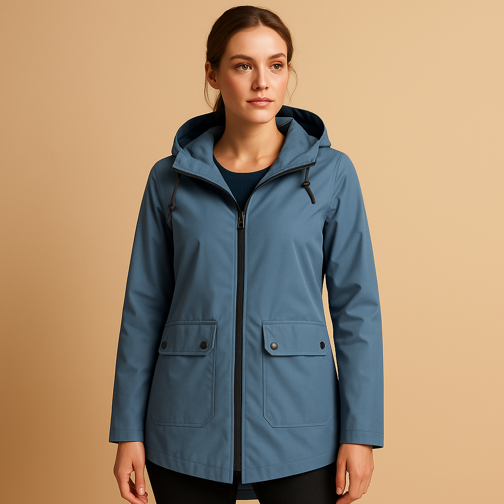 Women’s long waterproof raincoat with hood and breathable design, suitable for rainy days, commuting, and everyday outdoor wear.