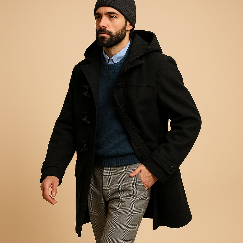 Men’s long winter coat with extended cut, designed for warmth, comfort, and everyday winter wear in cold weather.