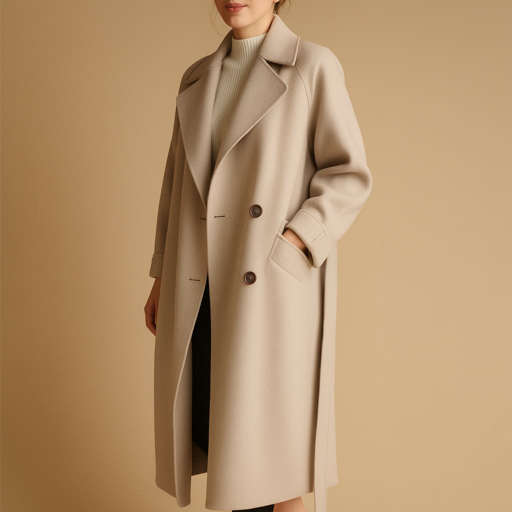 Women’s long winter coat with a tailored fit and timeless silhouette, suitable for cold days, everyday wear, and formal or casual outfits.