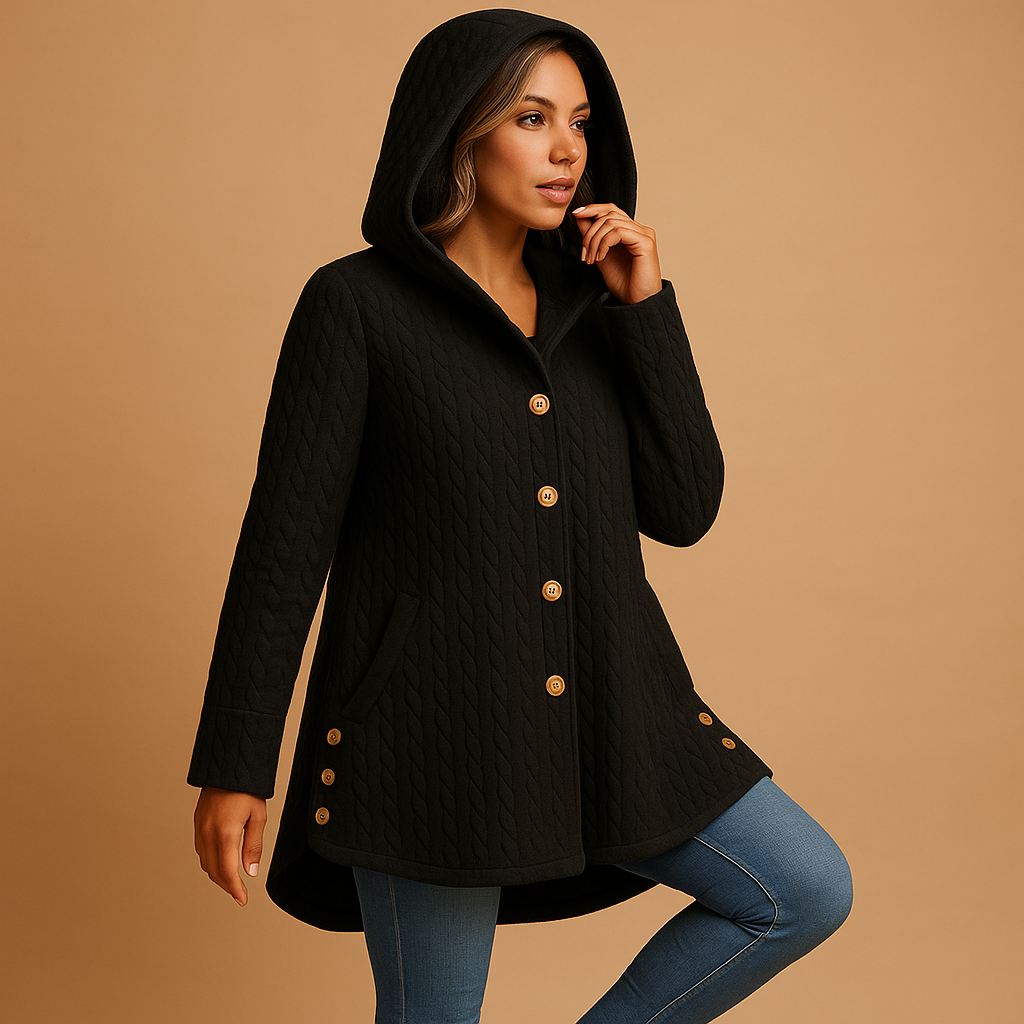 Women’s long winter coat with hood and button closure, designed for cold days, layering, and everyday city wear.
