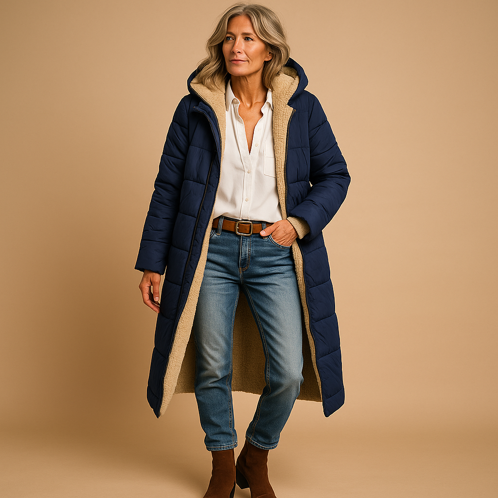 Women’s long winter coat with modern cut, high-quality insulation, and elegant design. Available in black, beige, and navy blue.