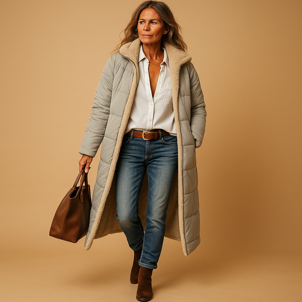 Women’s long winter coat with modern cut, high-quality insulation, and elegant design. Available in black, beige, and navy blue.