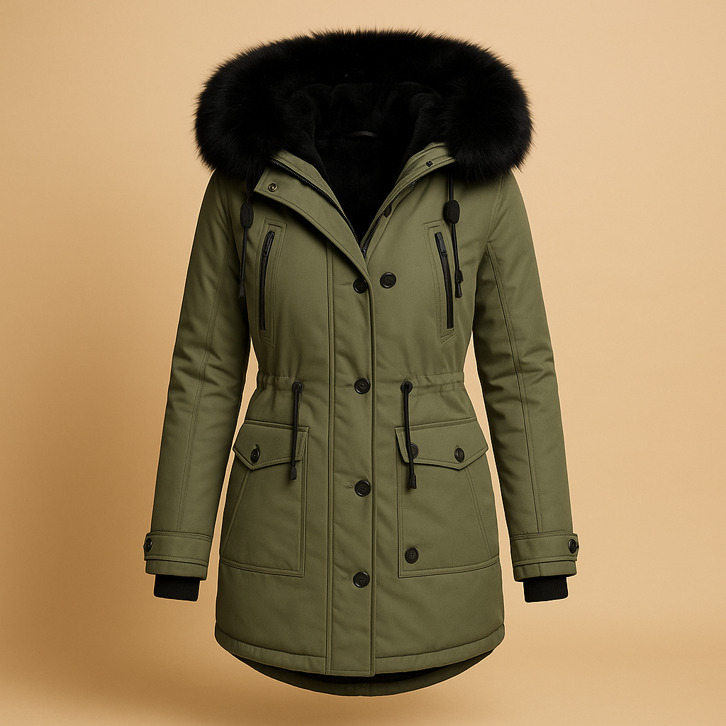 Women’s long winter coat with hood, faux fur collar, water-repellent finish, and extended fit, suitable for cold winter days and city wear.