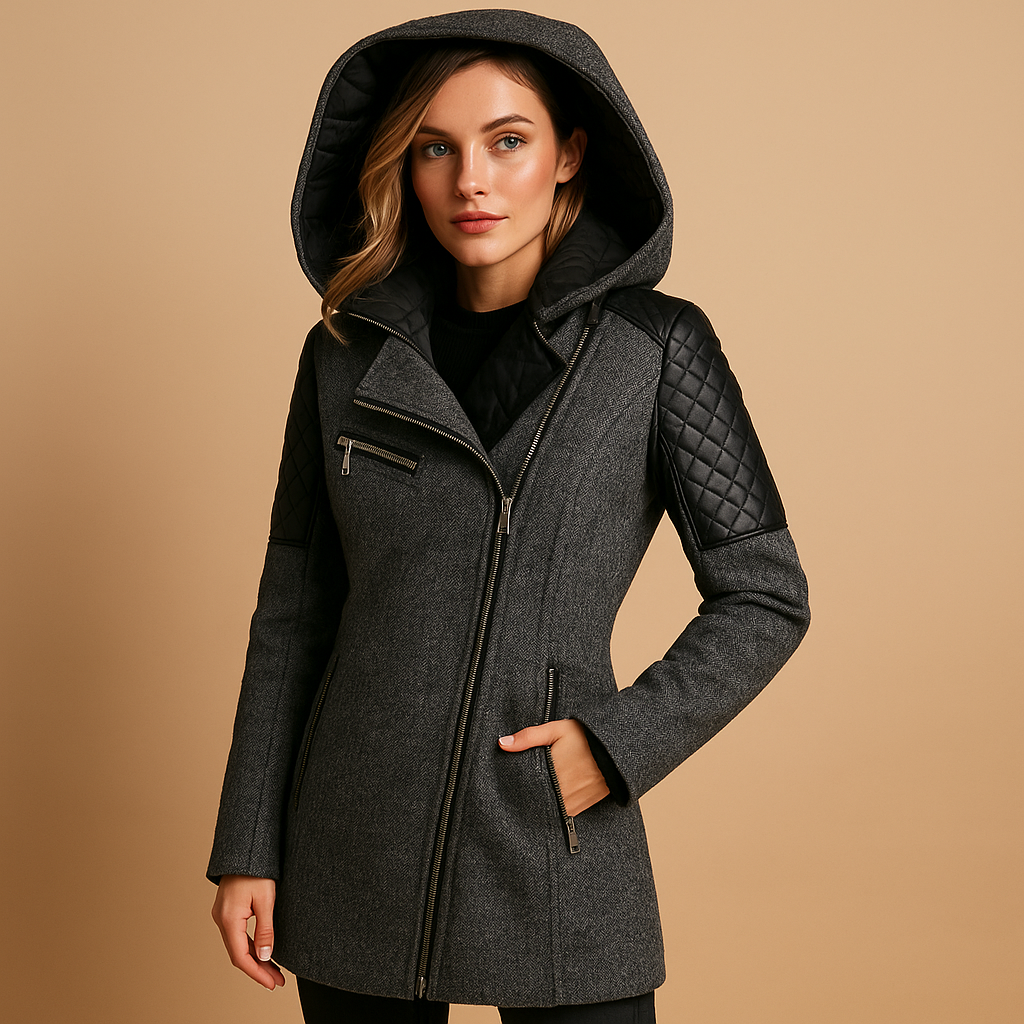 Women’s long winter coat with hood and modern silhouette, suitable for cold days, everyday winter wear, and formal or casual occasions.