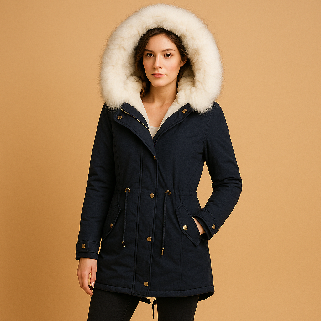 Women’s long winter coat with hood, warm lining, faux fur trim, and water-repellent finish, suitable for daily wear and winter travel.