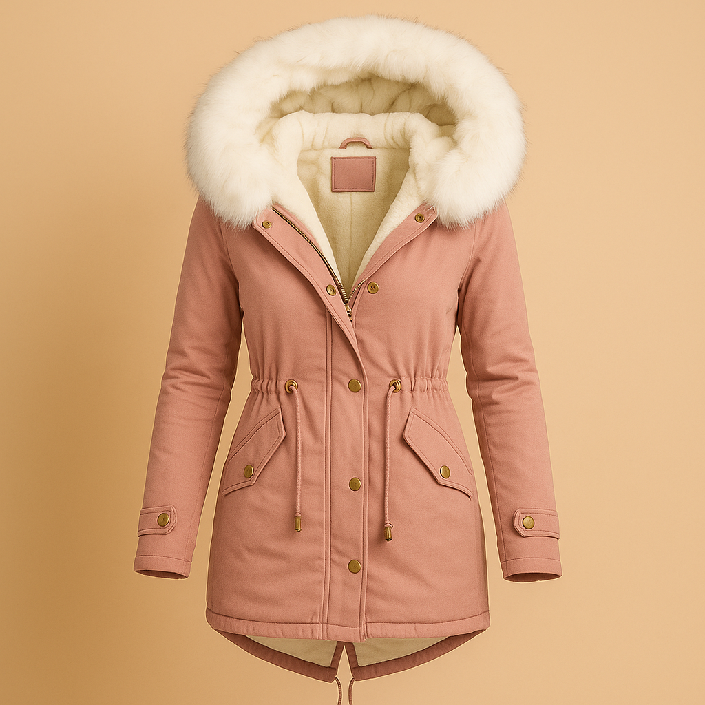 Women’s long winter coat with hood, warm lining, faux fur trim, and water-repellent finish, suitable for daily wear and winter travel.