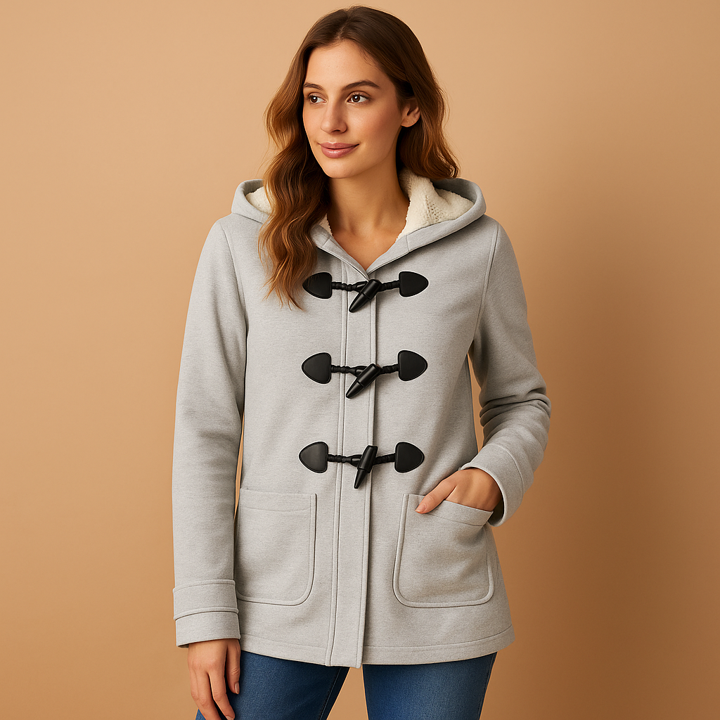 Women’s long winter coat with hood and extended silhouette, suitable for cold days, everyday wear, and stylish evening walks.
