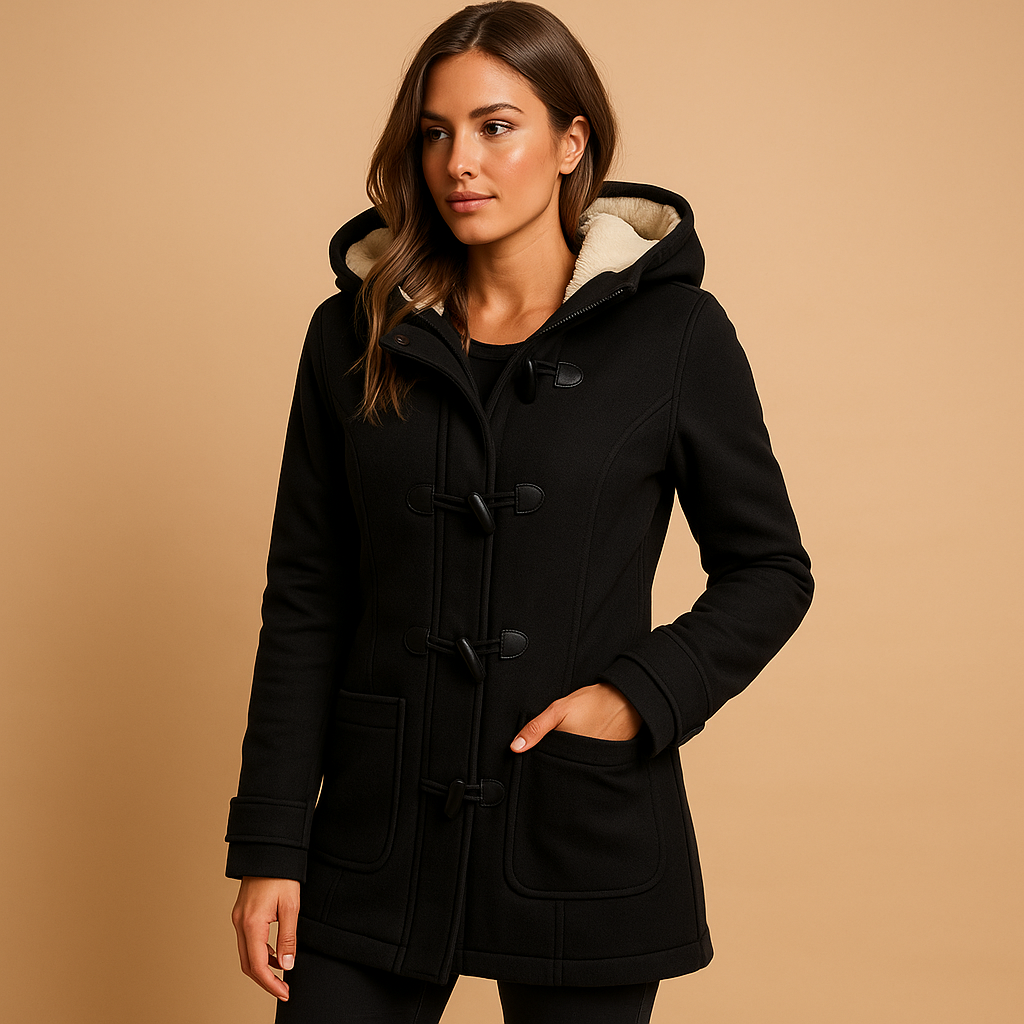 Women’s long winter coat with hood and extended silhouette, suitable for cold days, everyday wear, and stylish evening walks.