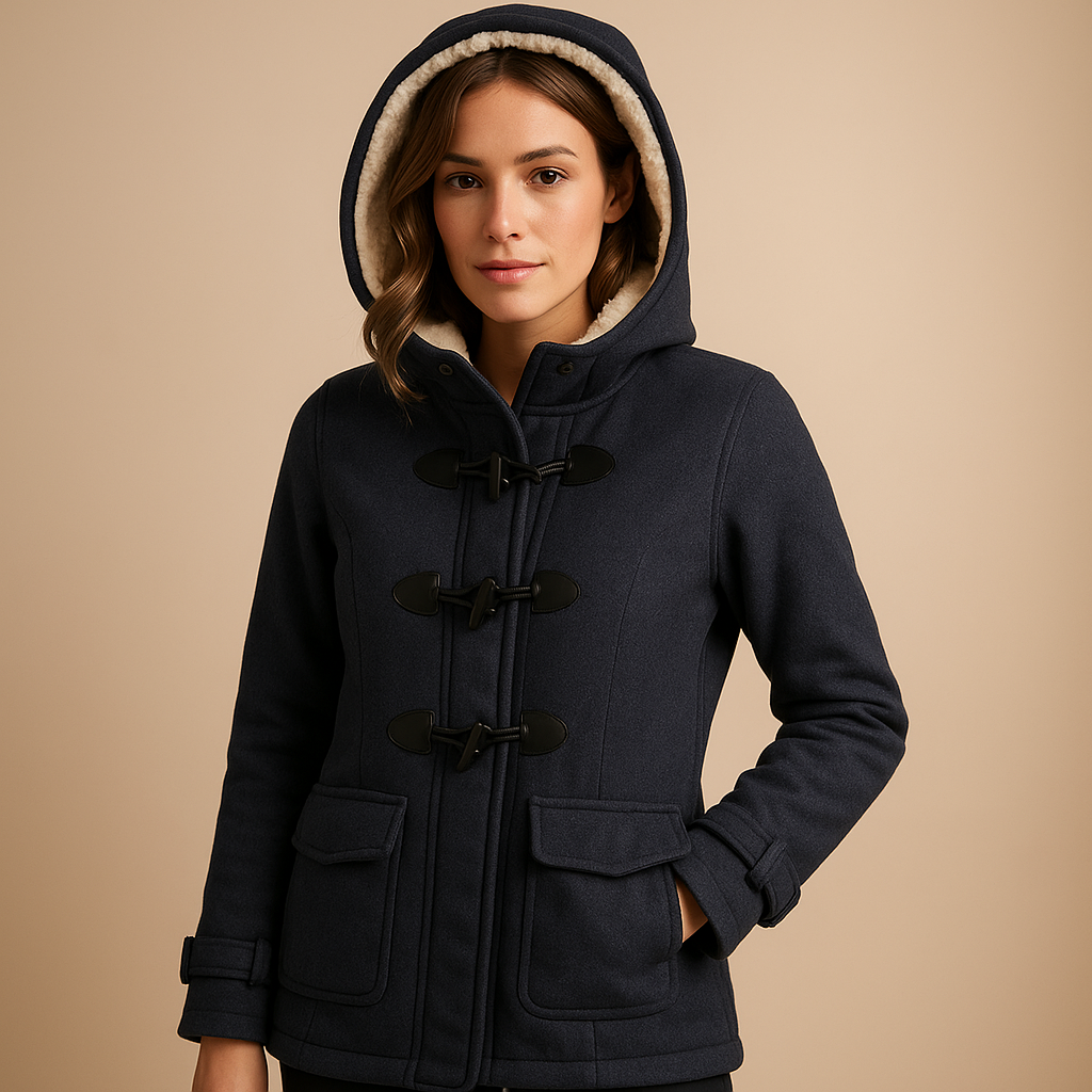 Women’s long winter coat with hood and extended silhouette, suitable for cold days, everyday wear, and stylish evening walks.