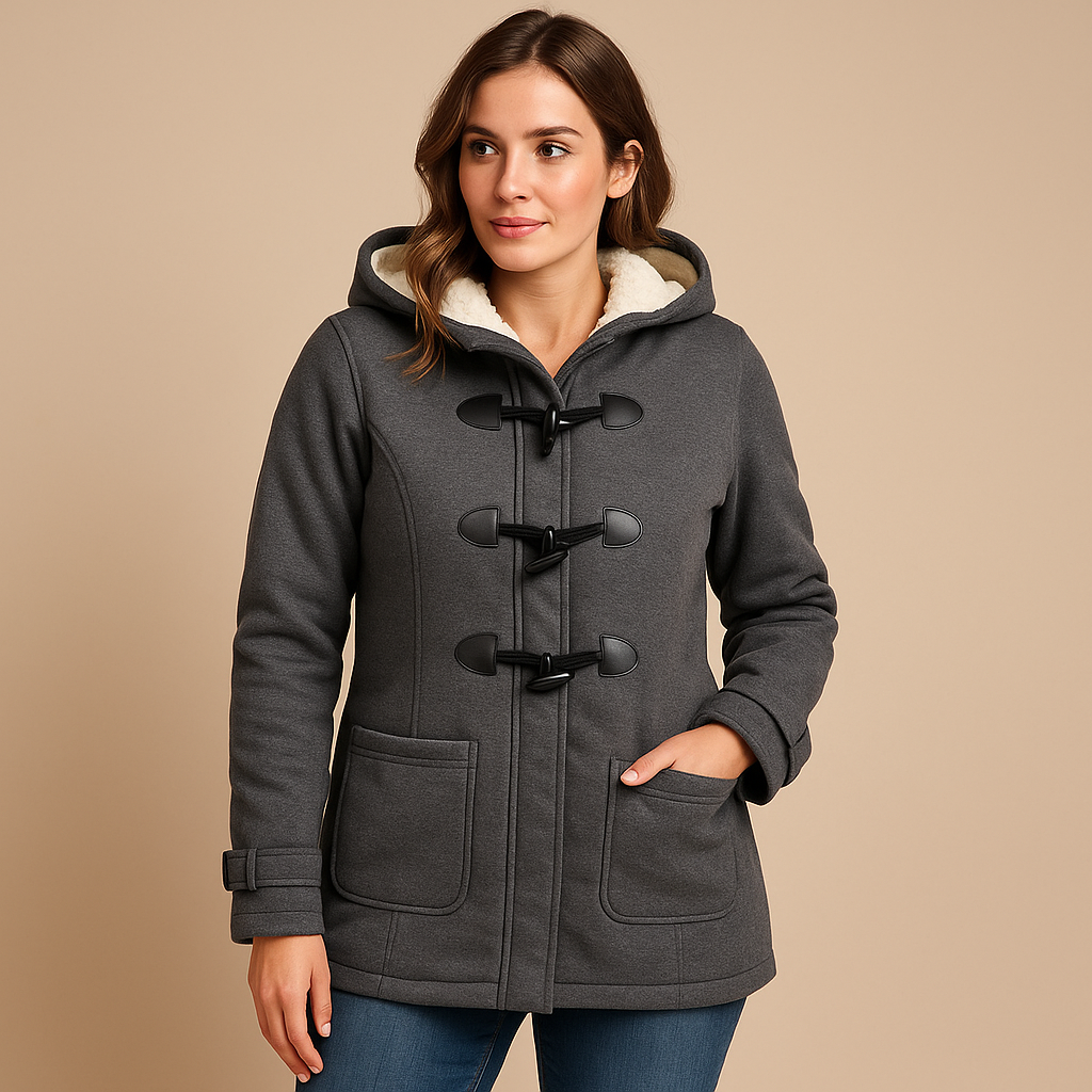 Women’s long winter coat with hood and extended silhouette, suitable for cold days, everyday wear, and stylish evening walks.
