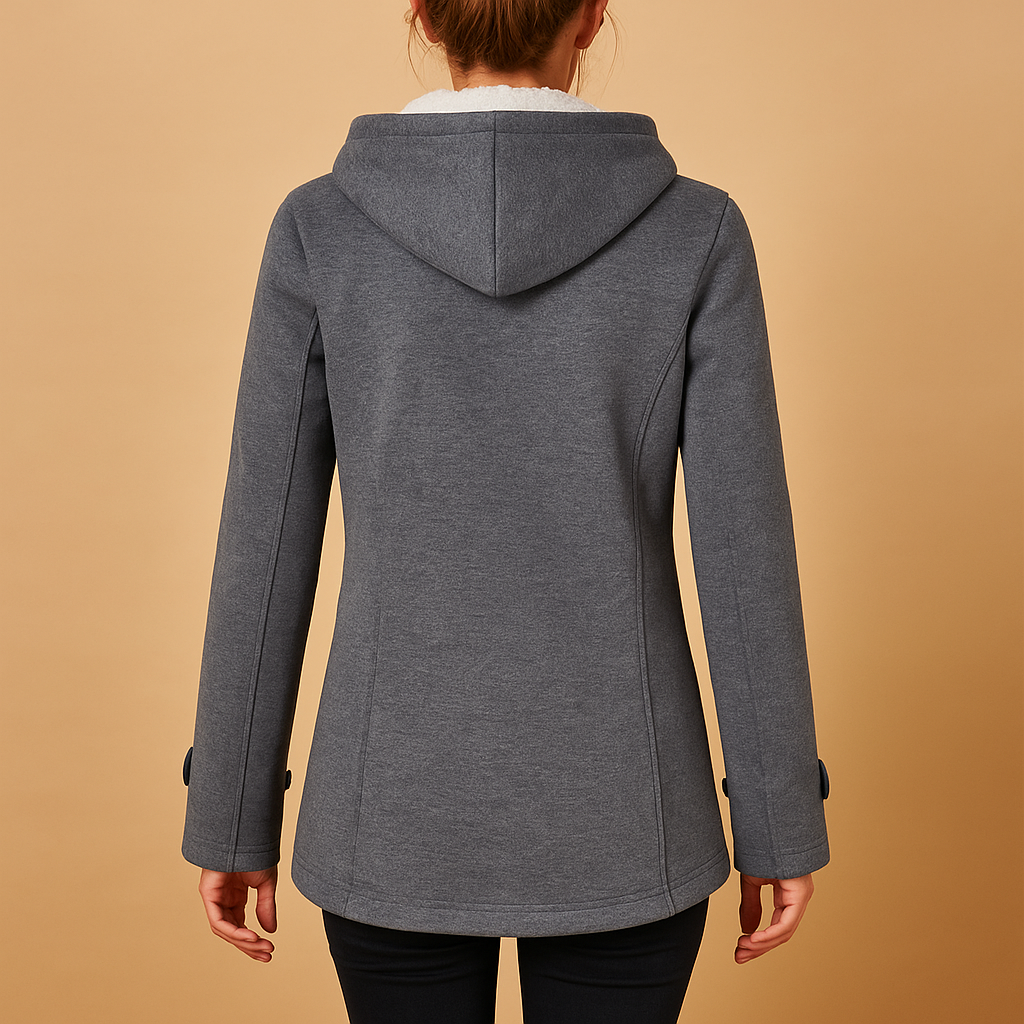 Women’s long winter coat with hood and extended silhouette, suitable for cold days, everyday wear, and stylish evening walks.