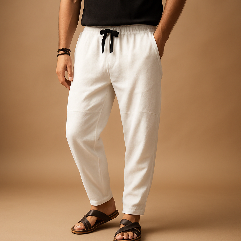 Men’s loose cotton pants with breathable fabric and relaxed fit, perfect for warm days, travel, or casual everyday wear.