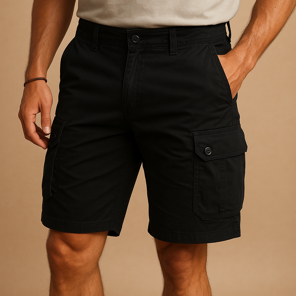 Men’s cotton cargo shorts with a relaxed straight fit and multiple pockets, made from breathable fabric for comfort and summer style.