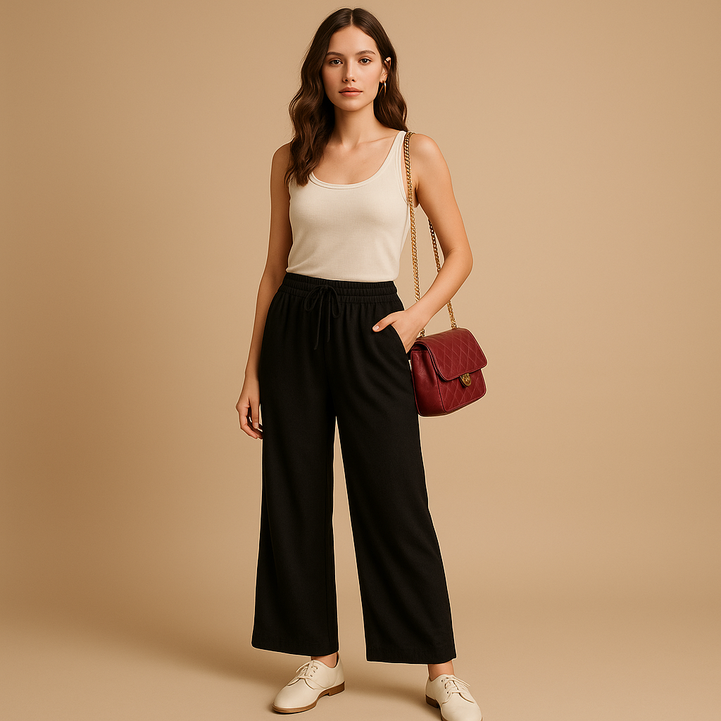 Women’s loose fit summer pants with elastic waist and lightweight fabric, available in orange-red, dark brown, green, beige, and black.