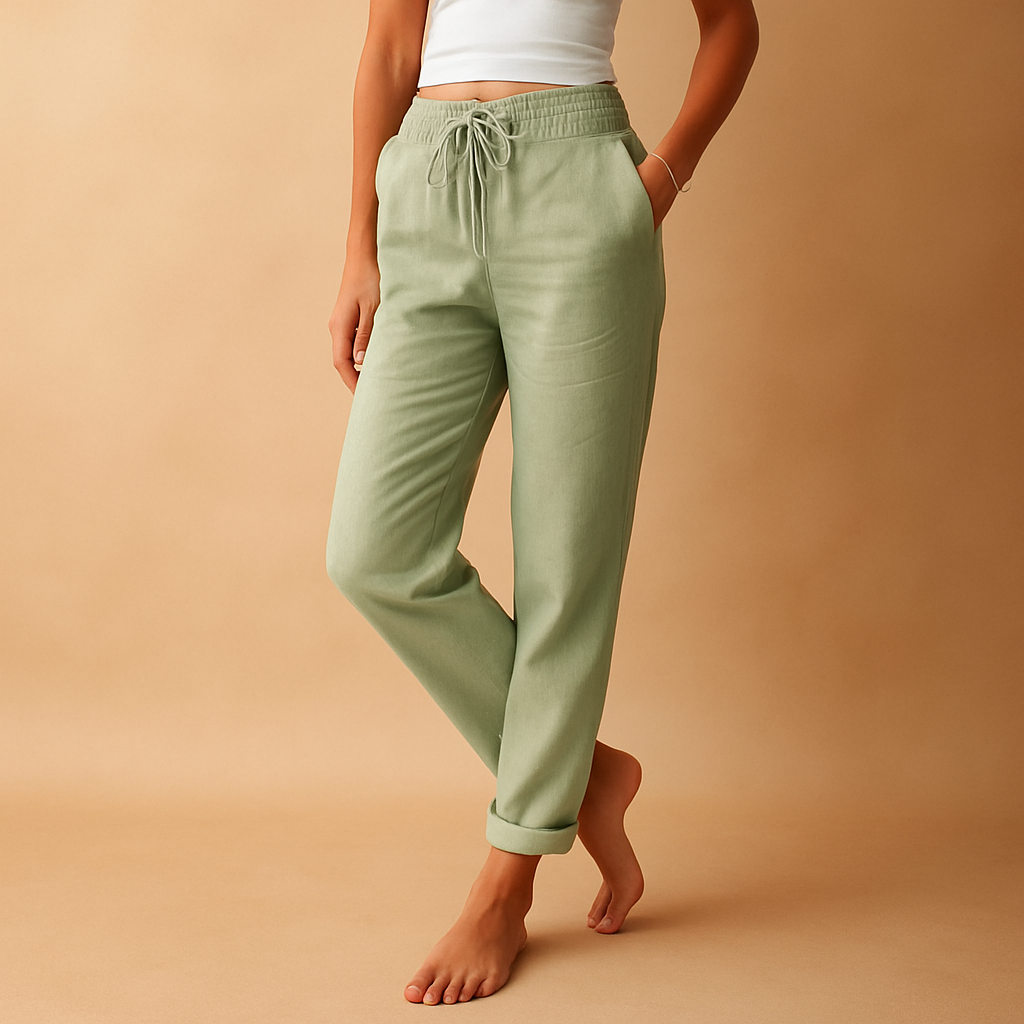 Women’s high waist lounge pants Hannah in lightweight fabric with straight-leg cut and side pockets. Perfect for loungewear and casual outings.