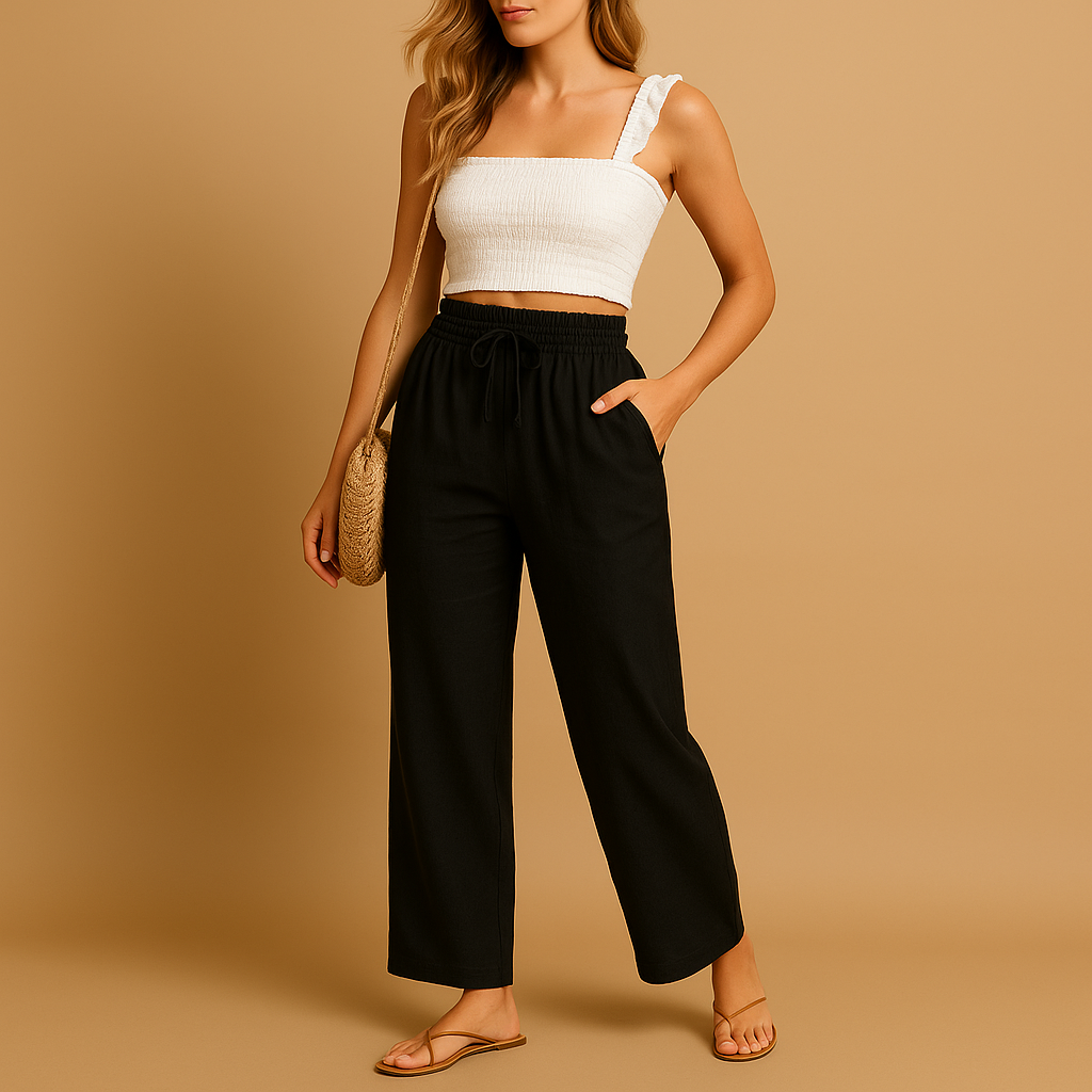 Women’s high waist lounge pants Hannah in lightweight fabric with straight-leg cut and side pockets. Perfect for loungewear and casual outings.