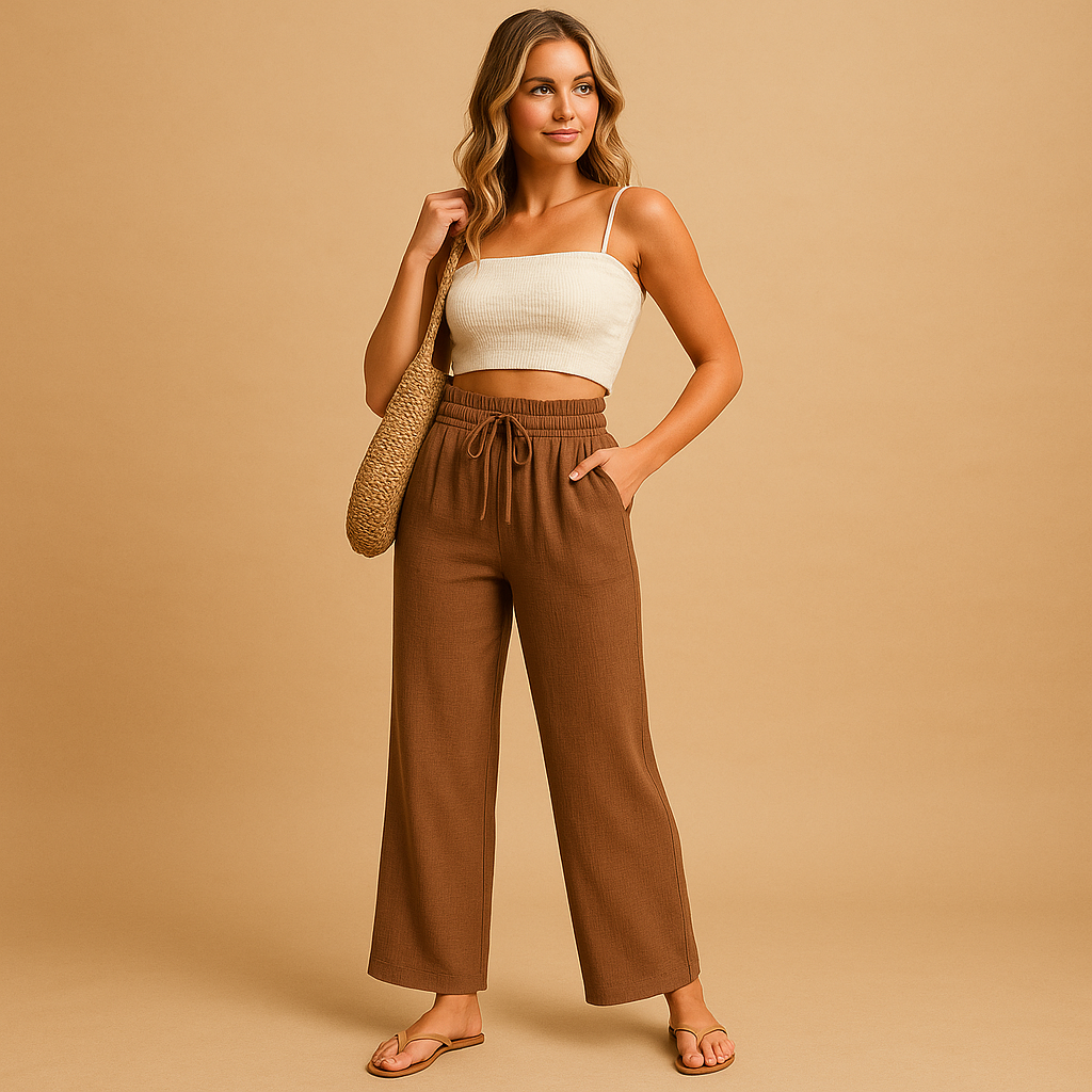 Women’s high waist lounge pants Hannah in lightweight fabric with straight-leg cut and side pockets. Perfect for loungewear and casual outings.