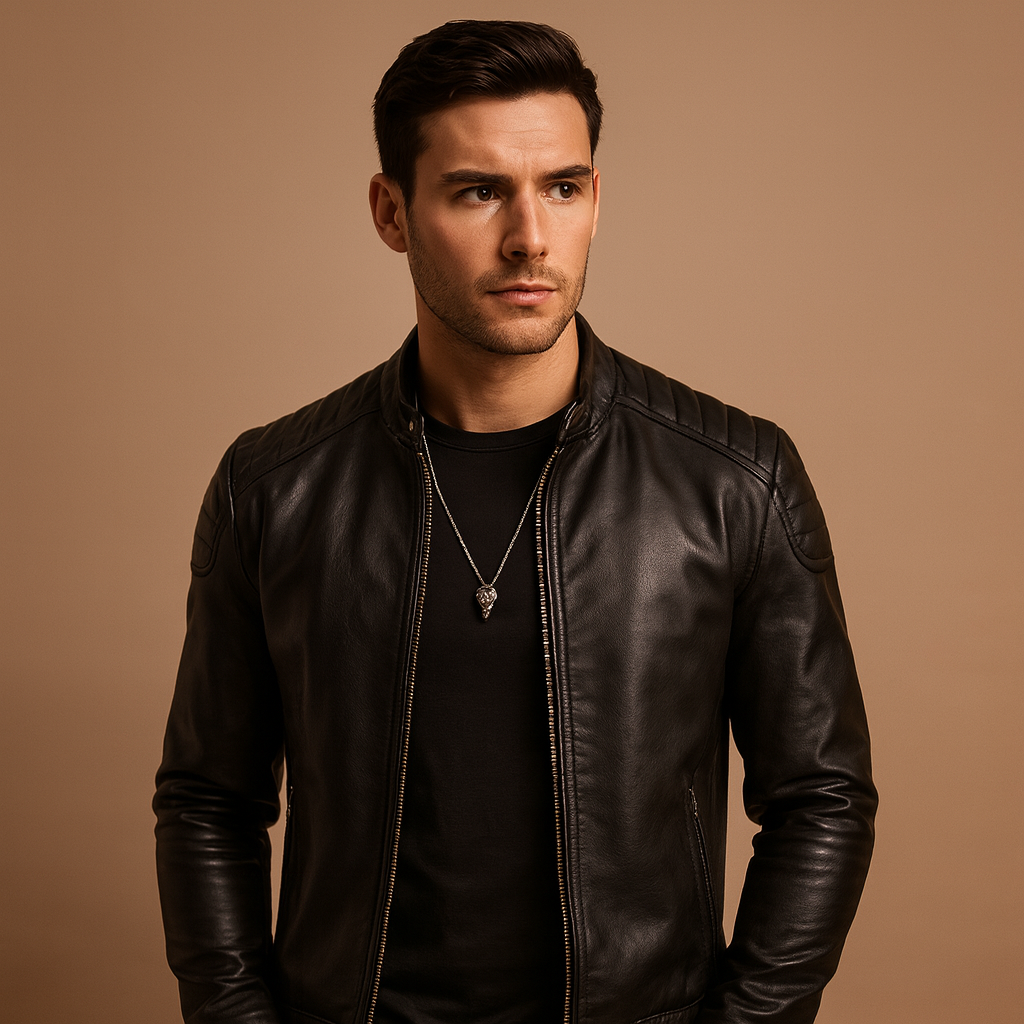 Men’s luxury biker jacket with a classic silhouette and refined finish, suitable for business outfits and casual jeans looks.