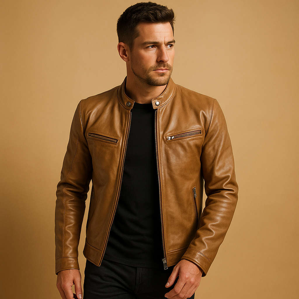 Men’s mid-season jacket with smooth synthetic finish, ideal for casual or formal wear in transitional seasons.