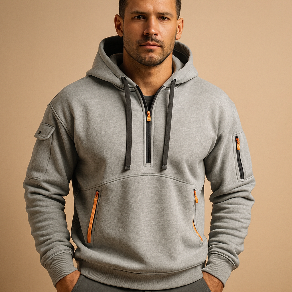 Modern hoodie for men with hood and comfortable fit, available in khaki, black, gray, and navy blue—ideal for casual and sporty wear.