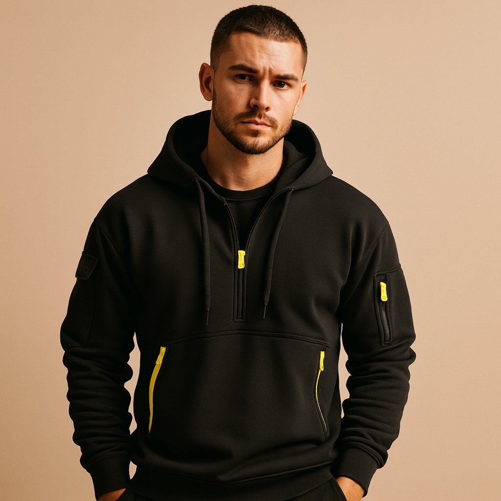 Modern hoodie for men with hood and comfortable fit, available in khaki, black, gray, and navy blue—ideal for casual and sporty wear.