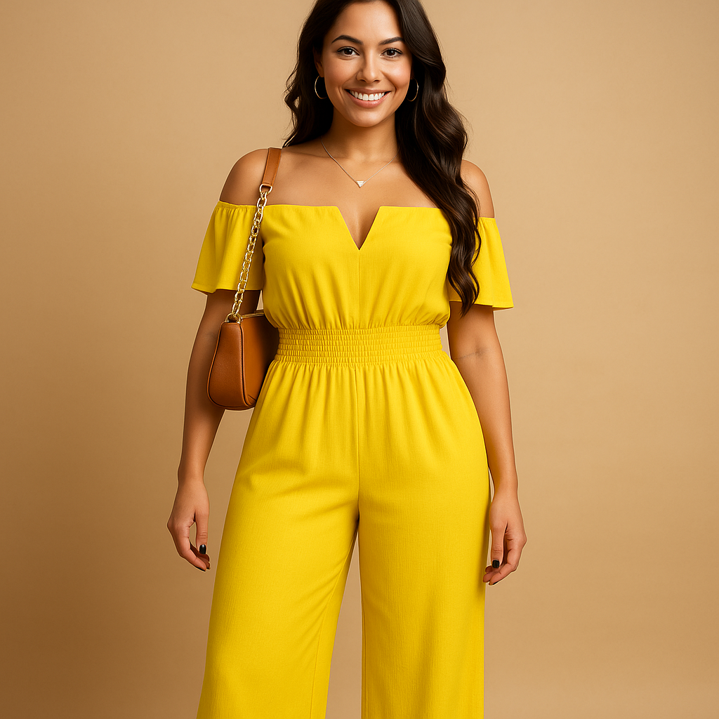 Women’s off-shoulder jumpsuit with pleated details and elastic waist, perfect for summer parties, beach walks, and casual chic occasions.
