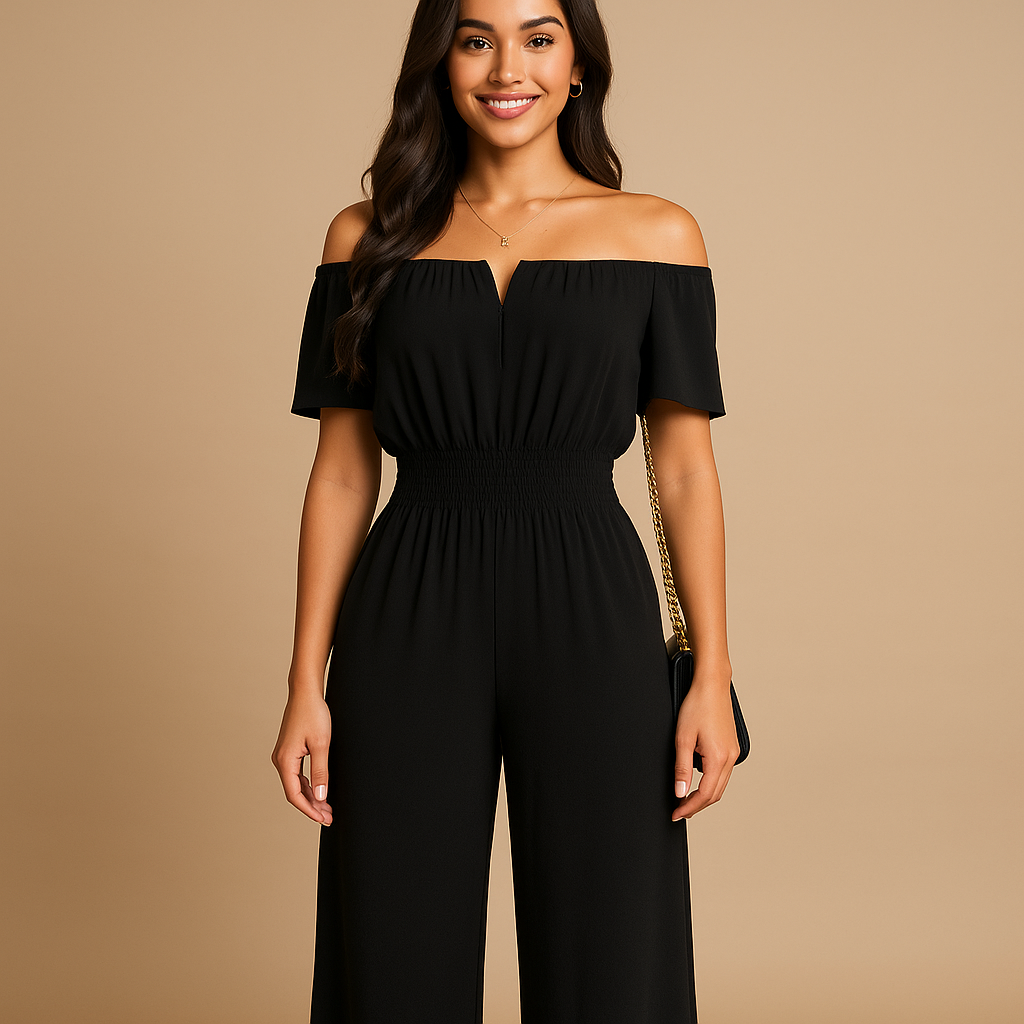Women’s off-shoulder jumpsuit with pleated details and elastic waist, perfect for summer parties, beach walks, and casual chic occasions.