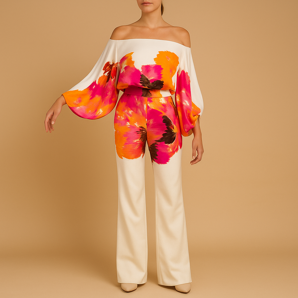 Elegant two-piece off-shoulder set for women with balloon-sleeve top and wide-leg pants, perfect for summer days, vacations, or office wear.