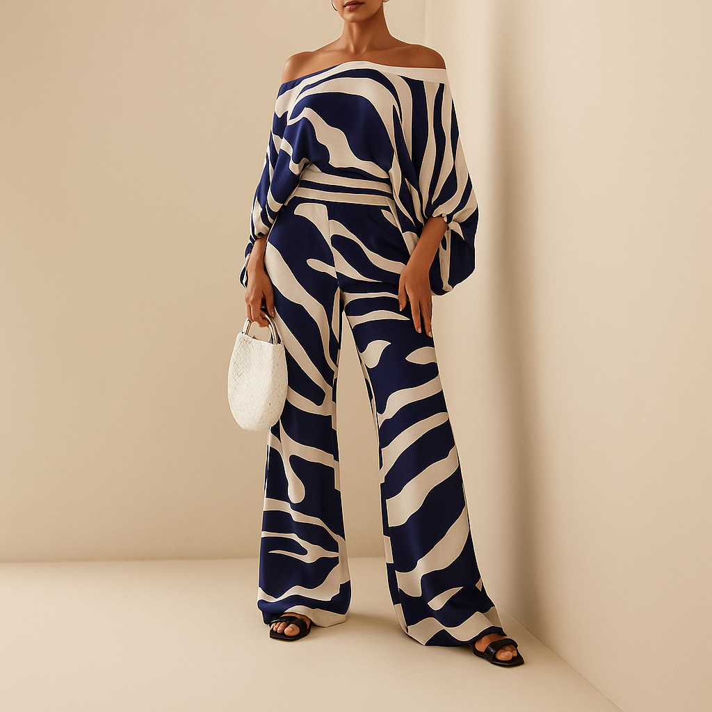 Elegant two-piece off-shoulder set for women with balloon-sleeve top and wide-leg pants, perfect for summer days, vacations, or office wear.