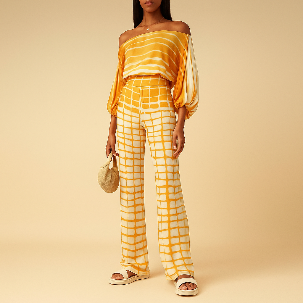 Elegant two-piece off-shoulder set for women with balloon-sleeve top and wide-leg pants, perfect for summer days, vacations, or office wear.