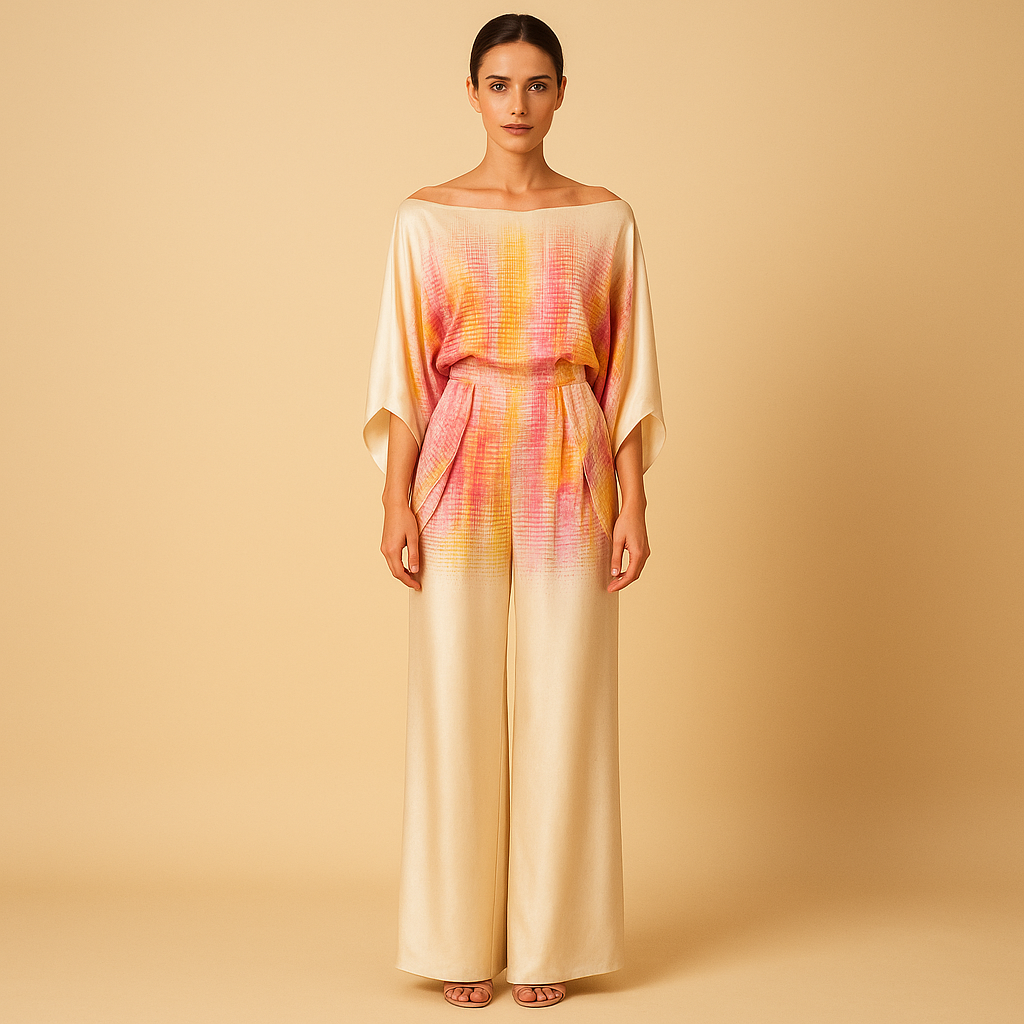 Elegant two-piece off-shoulder set for women with balloon-sleeve top and wide-leg pants, perfect for summer days, vacations, or office wear.