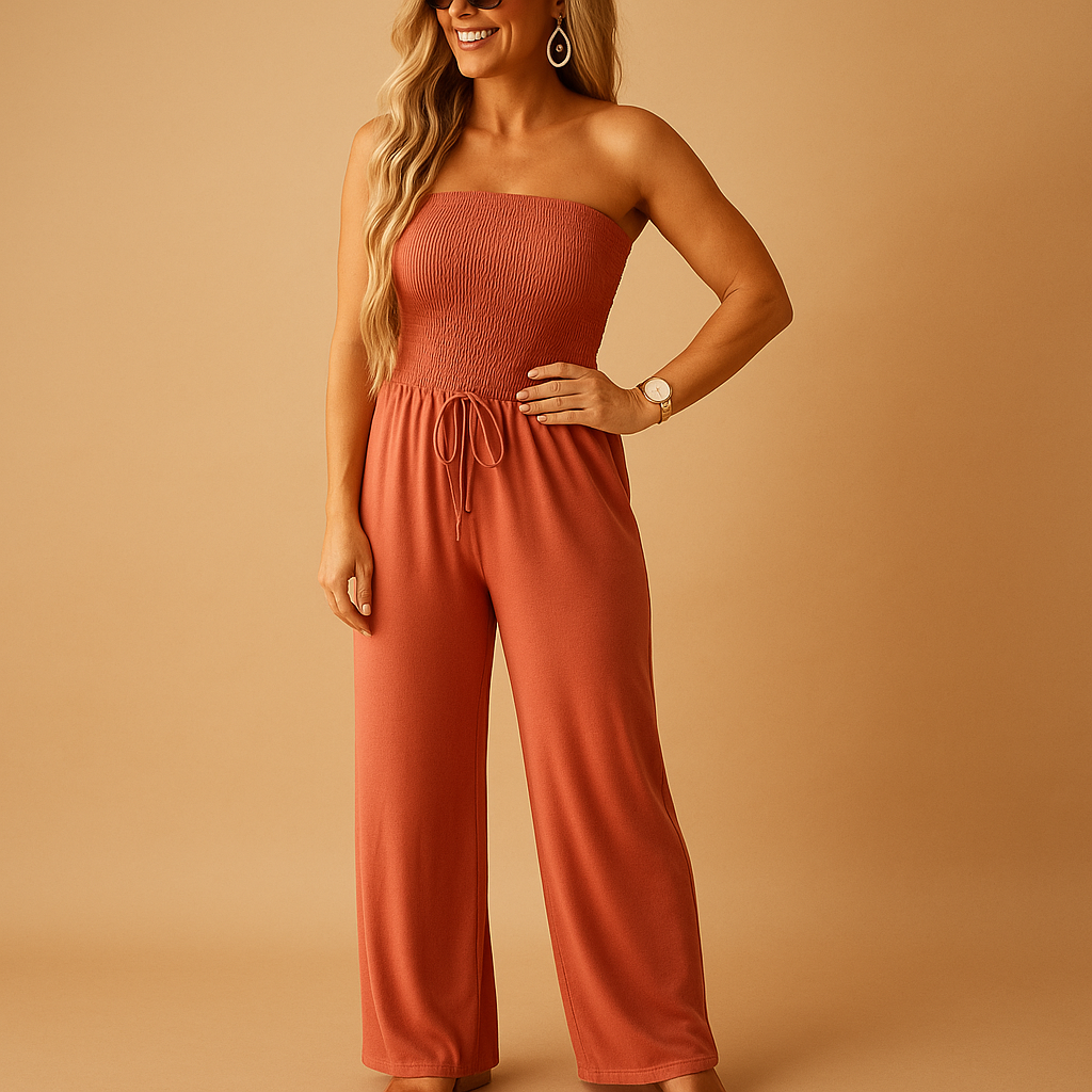 Women’s off-shoulder summer jumpsuit in orange with a flattering fit and light fabric, perfect for casual outings and summer parties.