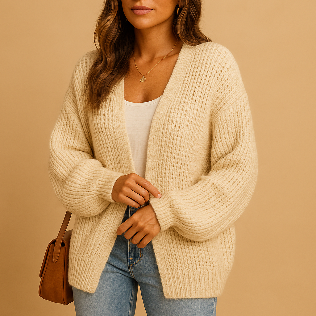 Women’s open front knitted cardigan with relaxed fit and breathable fabric, perfect for casual wear, office looks, or cozy layering.