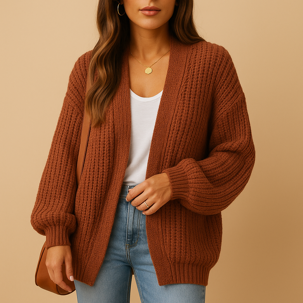Women’s open front knitted cardigan with relaxed fit and breathable fabric, perfect for casual wear, office looks, or cozy layering.