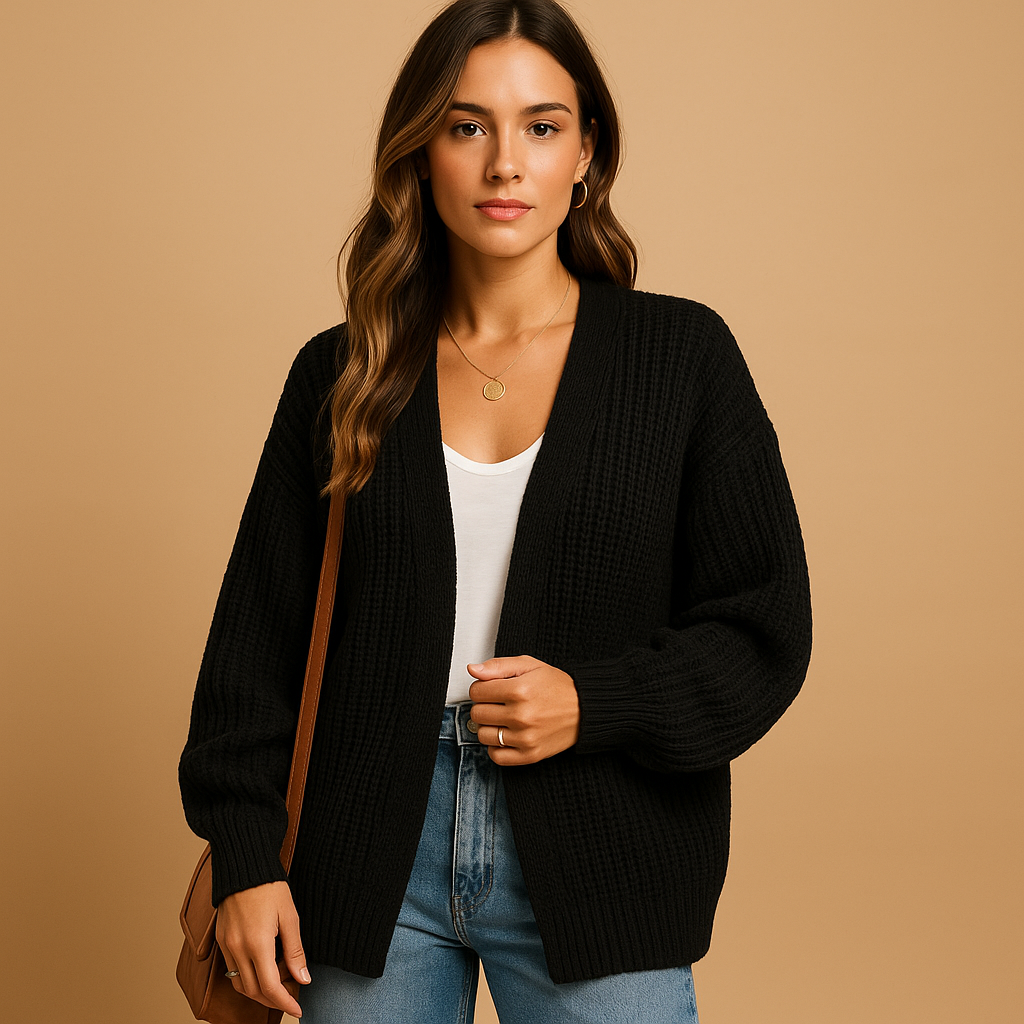 Women’s open front knitted cardigan with relaxed fit and breathable fabric, perfect for casual wear, office looks, or cozy layering.