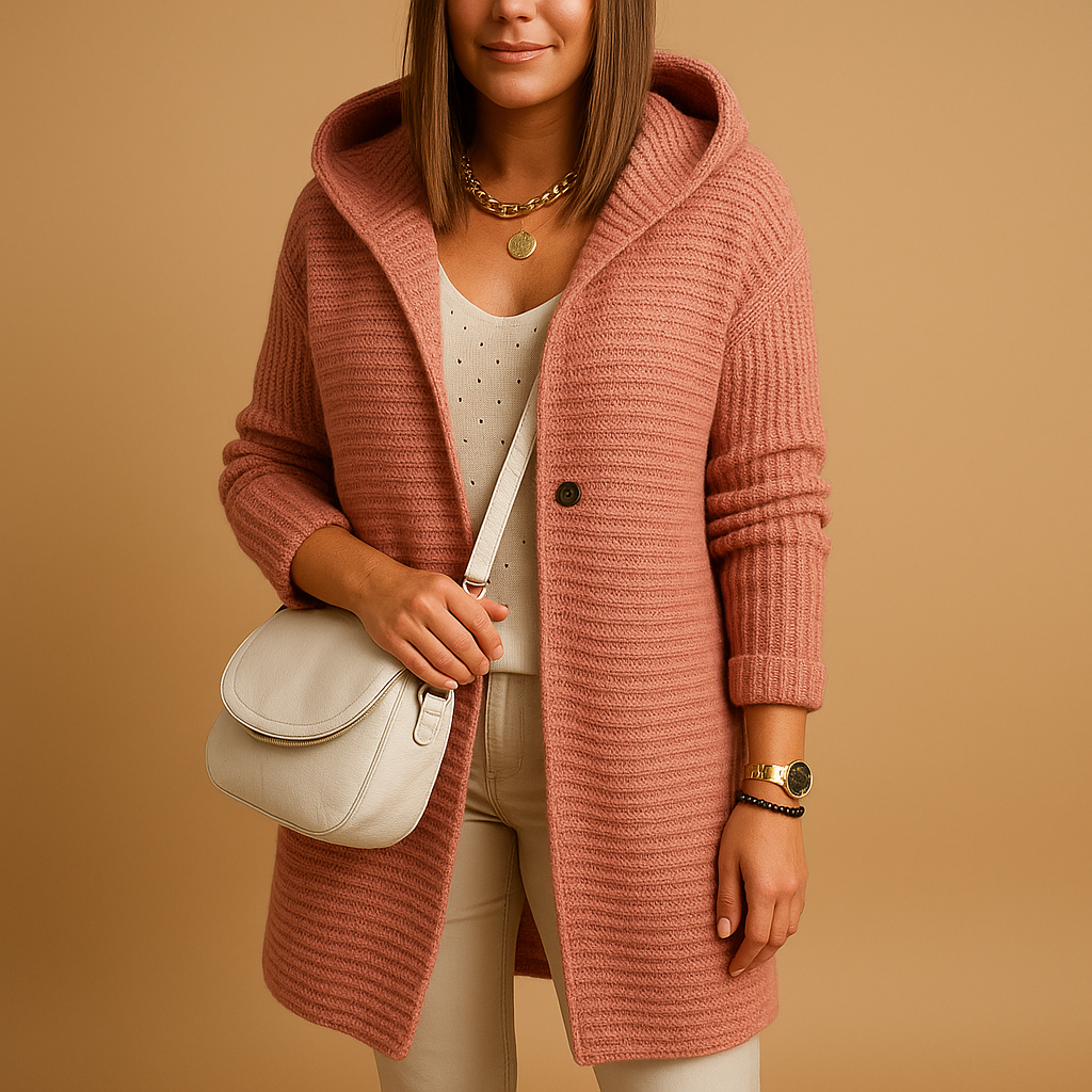 Women’s open knitted cardigan with relaxed fit and soft breathable fabric, perfect for layering in autumn and winter.