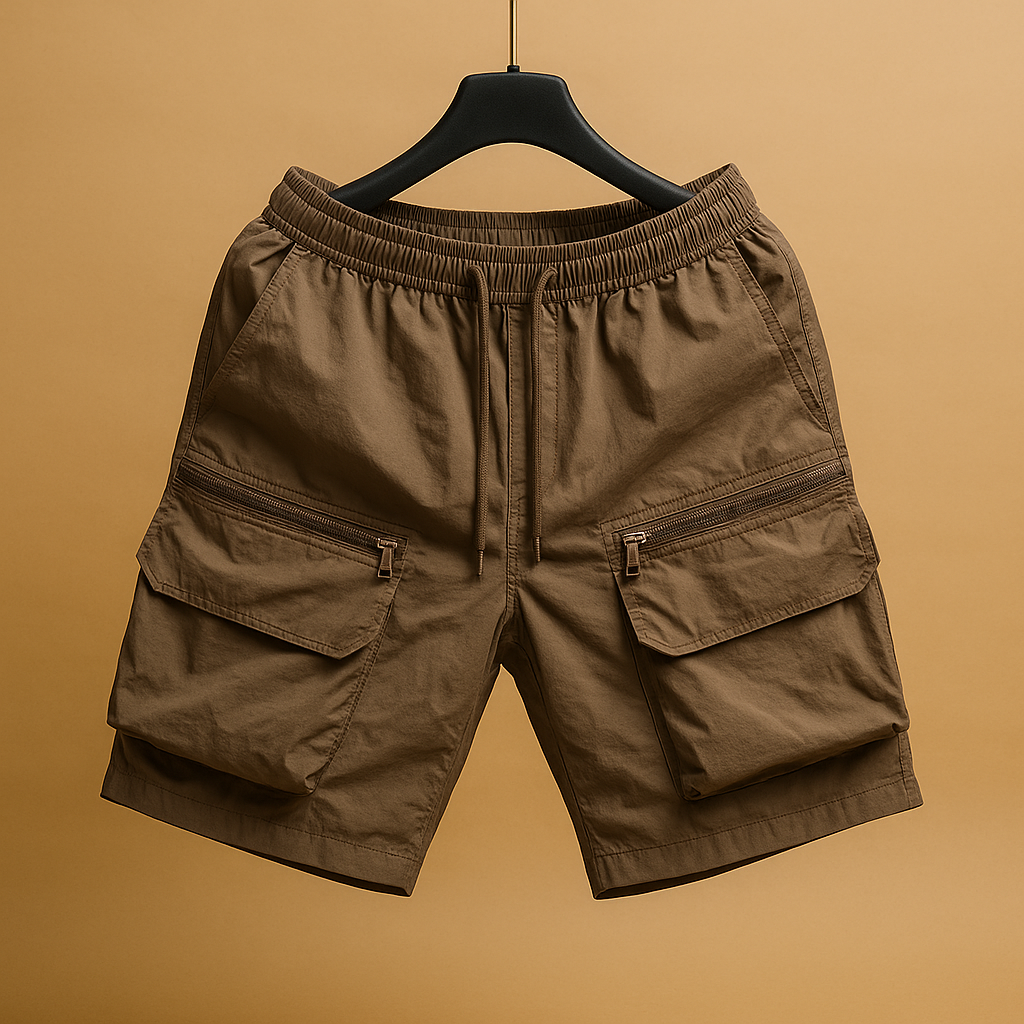 Men’s oversized cargo shorts made from lightweight quick-dry nylon with multiple utility pockets, perfect for outdoor and casual summer wear.