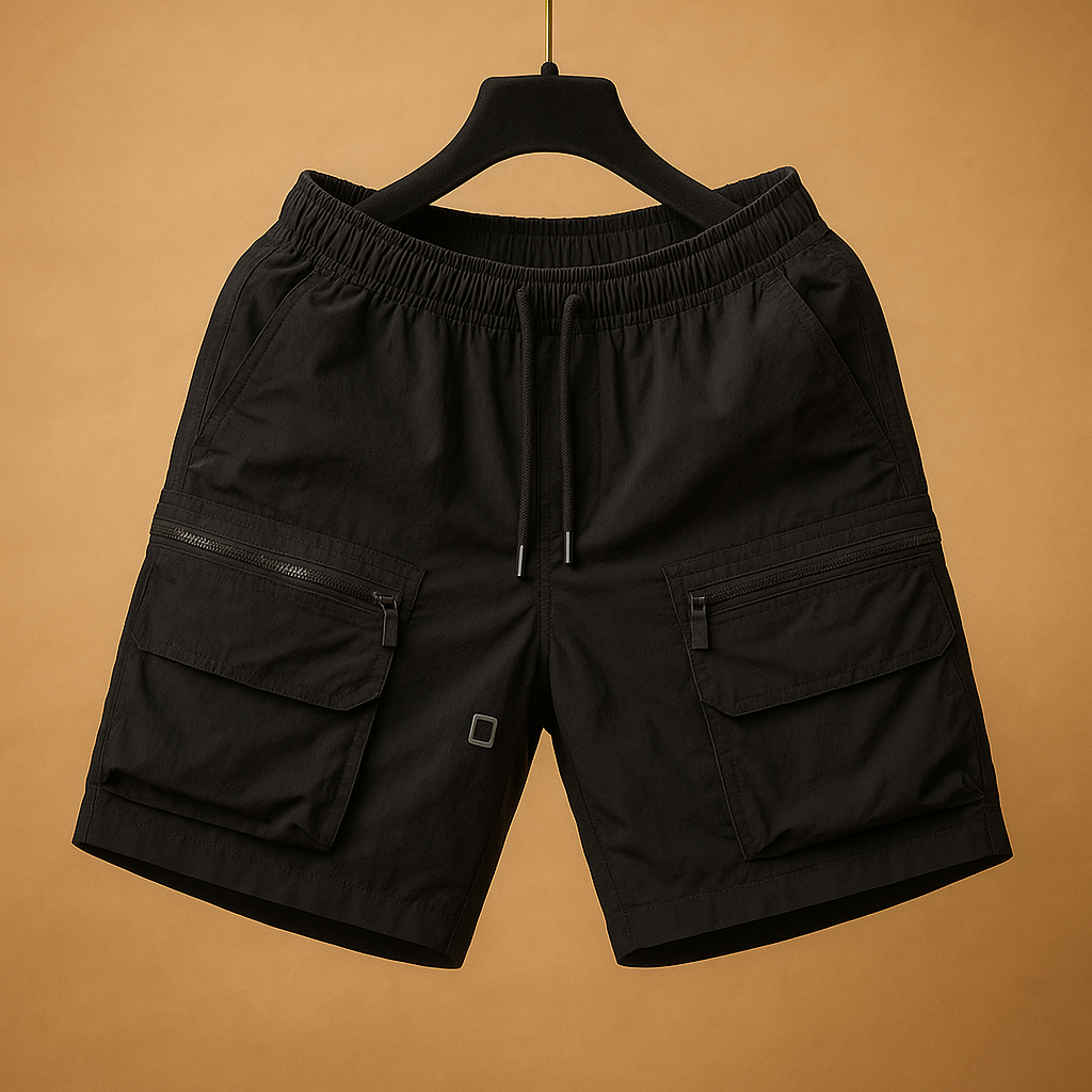 Men’s oversized cargo shorts made from lightweight quick-dry nylon with multiple utility pockets, perfect for outdoor and casual summer wear.